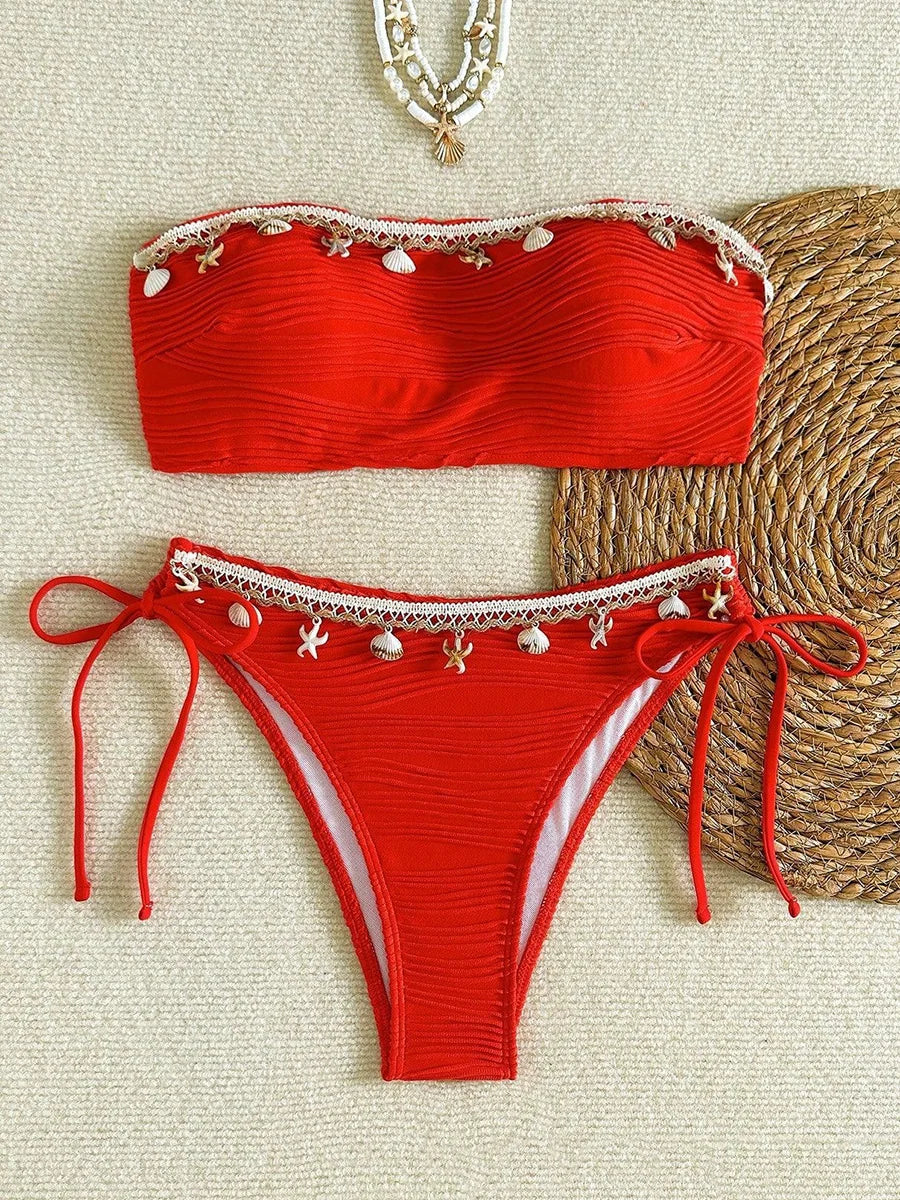 XS - XL Wrinkled High Cut Bandeau Bikini Women Swimwear Female Swimsuit Two-pieces Bikini Set Shells Bather Bathing Suit Swim