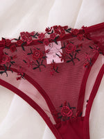 Romantic wine red rose embroidery lingerie set - see-through netting bra - casual erotic women's lingerie ZA824026