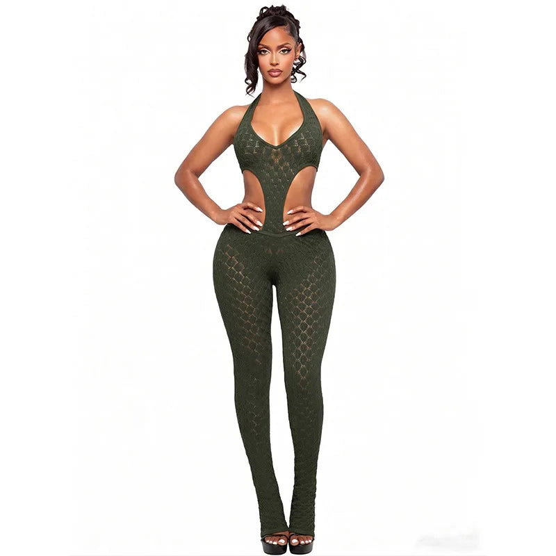 Sexy hot girl solid color see-through slim fit knitted deep V jumpsuit