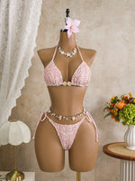 Vintage Pink Mesh Skirt 3 Piece Bikini Set Women Stone Strap Push Up Bra Triangle Swimsuit Holiday Bathing Suit Swimwear 2026