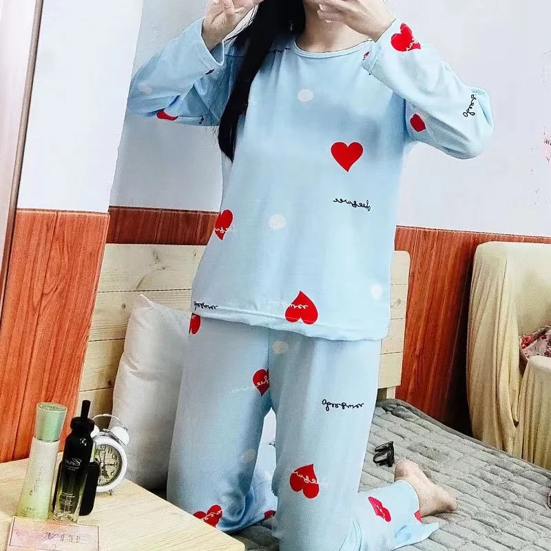 Women Pajamas Plus Size Long Sleeve Student Loungewear Spring Fashion Breathable Print Pullover Top Trouser Set Can Be Worn Outs