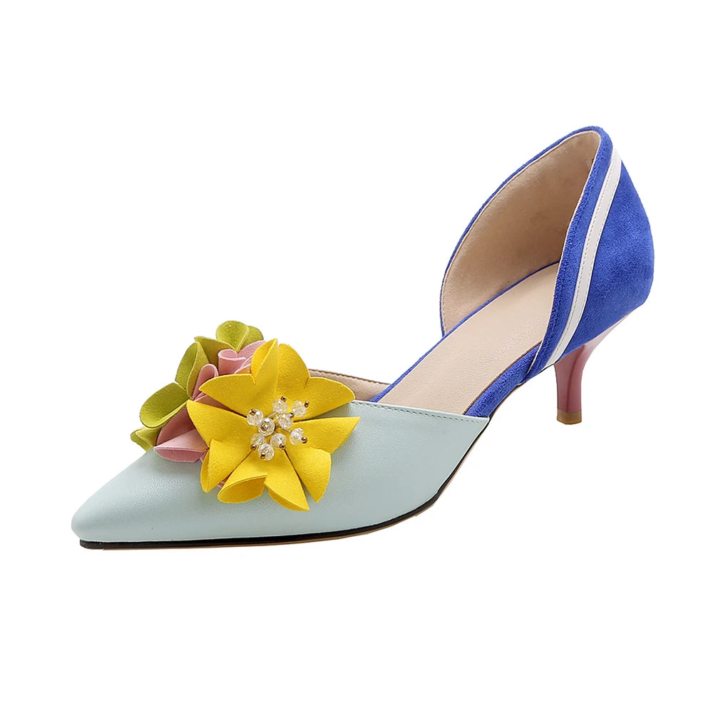 New 2027 Fashion Womens Floral Pointed Toe Flowers Stilettos Lady Mid Heel Shoes Mixed Colors Sandals Pumps Wedding Bridal Heels