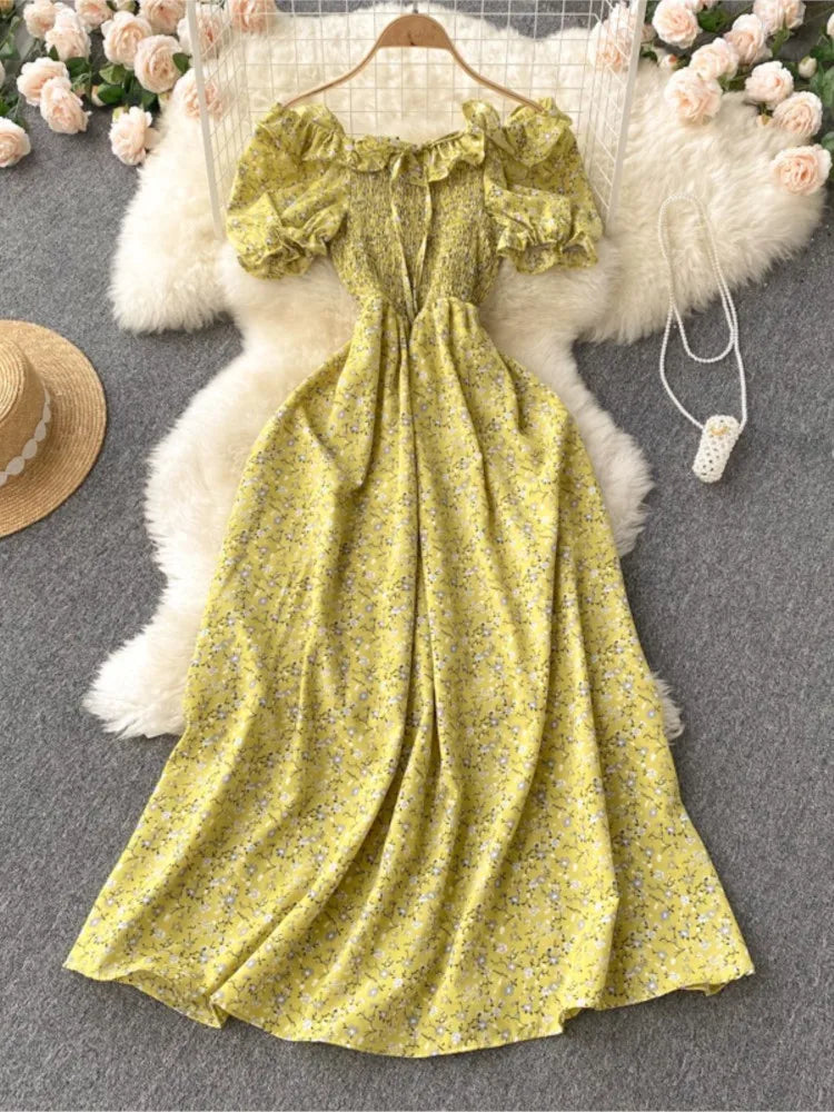 2025 Summer French Vintage Floral Dress Fashion Elegant High-Waisted Drawstring Vestidos Printed Fresh And Sweet Long Dresses