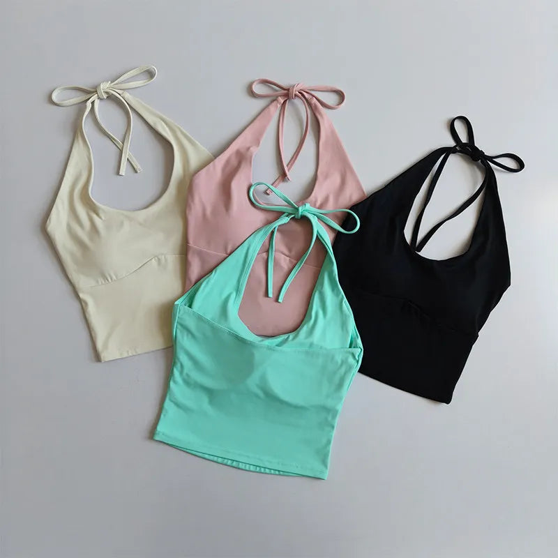 Women's Halter Neck Sports Bra Vest Slimming Tube Top for Yoga Gym Running Beautiful Back Sling Design One Cup Gathered Summer F