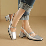 Elegant Slingback Sandals Women Summer Shoes Pink Black Silver Medium Heels Close Toe Office Party Shoes Female Large Size 45