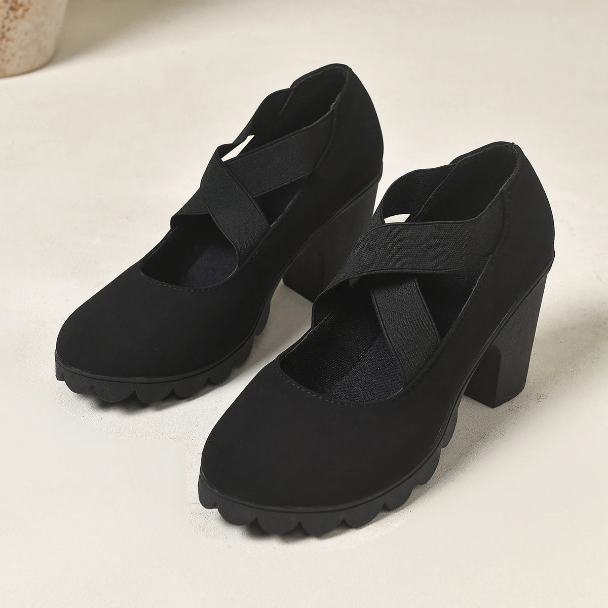 Women Mary Jane Pumps Cross Elastic Strap Suede Chunky High Heel Lug Platform Sole Dress Party Shoes Large Size