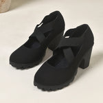 Women Mary Jane Pumps Cross Elastic Strap Suede Chunky High Heel Lug Platform Sole Dress Party Shoes Large Size