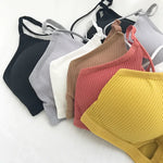 Women Ribbed Knit Bra Front Cutout V Neck Wireless Bralette Fixed Thin Spaghetti Straps Underwear Skin-Friendly Cotton Inner Top