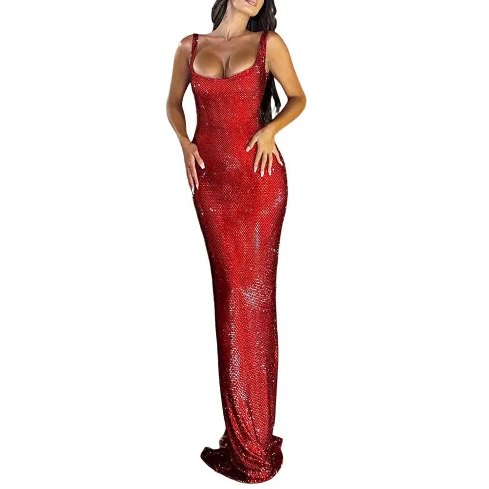 Women Prom Dress Sequin Low-cut Sleeveless Floor Length Evening Dress Solid Color Party Banquet Wedding Sheath Dress