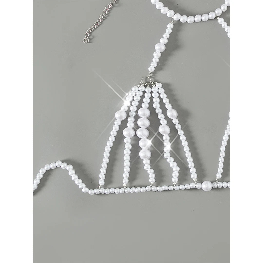 Luxury Pearls Halter Hollow Out See Through Bikini Top Female Swimsuit Women Swimwear Bather Bathing Suit Swim Beach Top V5409