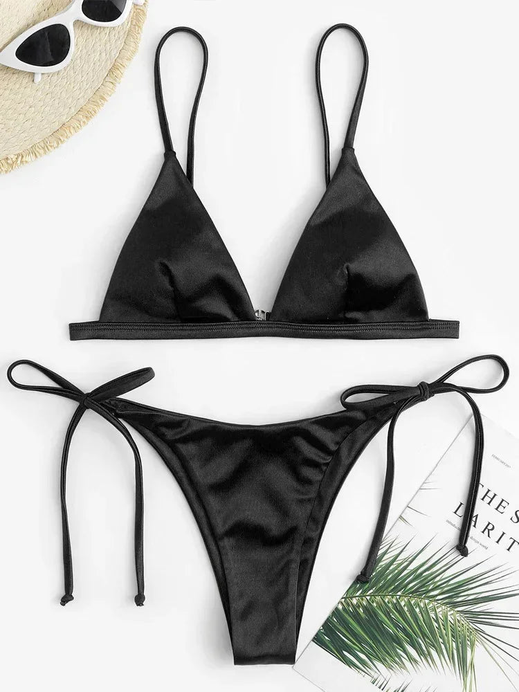 2025 Metallic Satin High Cut Brazilian Bikini Women Swimwear Female Swimsuit Two-pieces Bikini Set Bathing Suit Swim Beach Wear