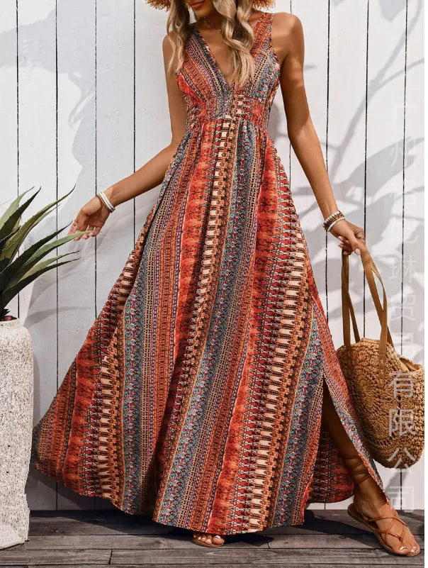 Bohemian Style Print Sleeveless Long Dresses Women Summer V-neck Backless Leace-up Slit Dress Casual Lady Vacation Vestidos