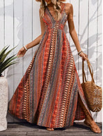 Bohemian Style Print Sleeveless Long Dresses Women Summer V-neck Backless Leace-up Slit Dress Casual Lady Vacation Vestidos