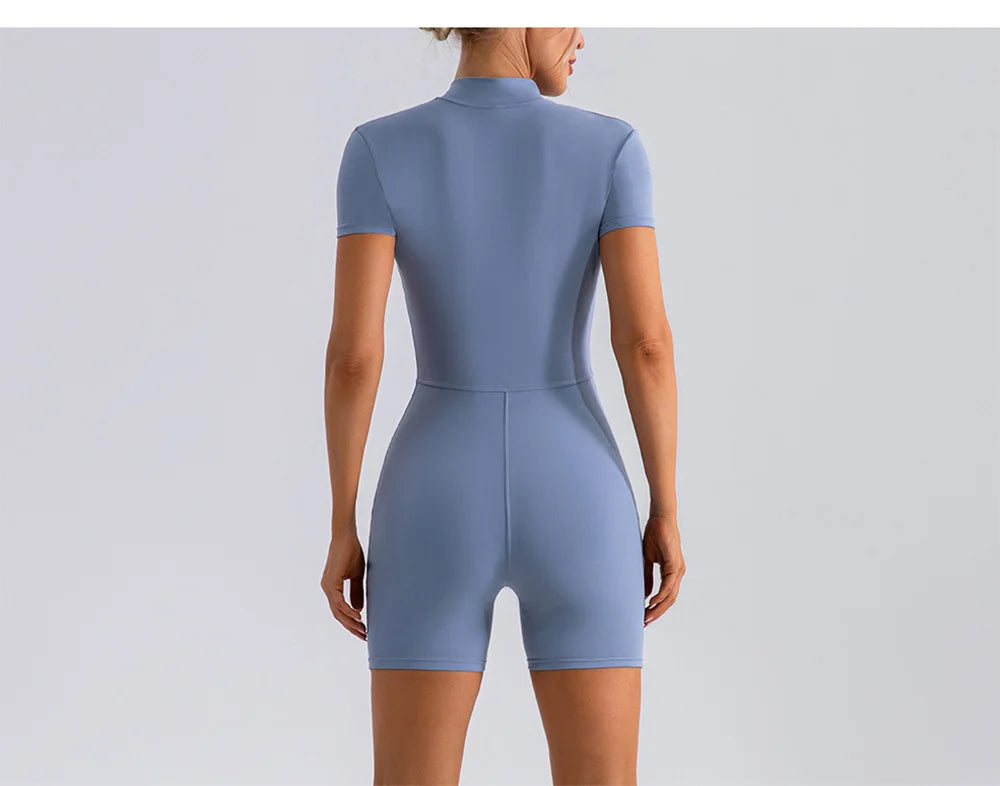 Yoga Jumpsuit Fashion Zipper Dance Short Playsuit Women Romper Short Sleeve Gym Fitness Overalls One Piece Sports Suit Unitard