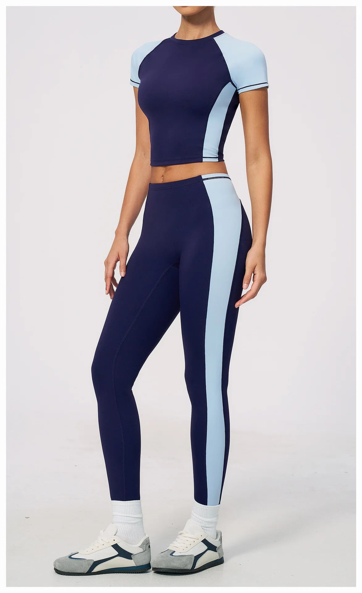Nake Yoga Set Women's Tracksuit Color Contrast Short Sleeve Slim Sports T Shirts High Waist Leggings Fitness Clothes Gym Outfits