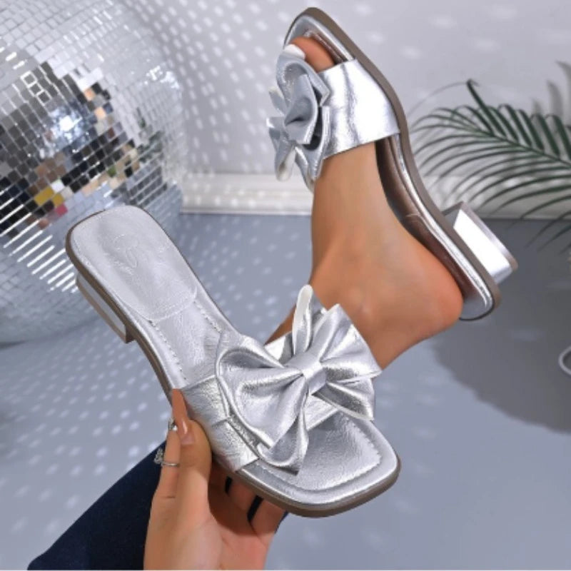 Elegant Big Bow Knot High heels Slippers Women White Slides Woman Plus Size Soft SoleNon Slip Summer Sandal Mujer Shoes
