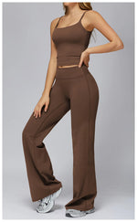 Yoga Suit Gym Fitness Set Hanging Neck Slim Sports Tank Top High Waist Wide Leg Pants Tracksuit Outdoor Running Athletic Wear
