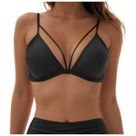 Women's Wire Free V Neck Triangle Bikini Top Black Hollow Out Push Up Bra Sexy Swimsuit Summer Adjustable Straps Bathing Suits