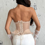 Women Corset Vest Sexy See Through Dot Print Lace Trim Club Wear Fishbone Tank Top Strapless Buckle Tie Rope Perspective Tops