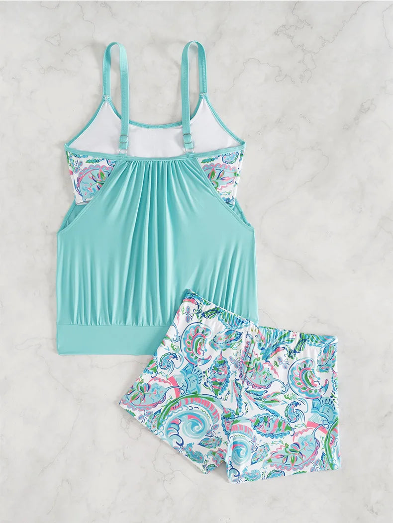 Summer Two Pieces Swimsuits Woman Print Swimwear Female Tankini Sets Beachwear High Waisted Bathing Suit Sports Women Bathers