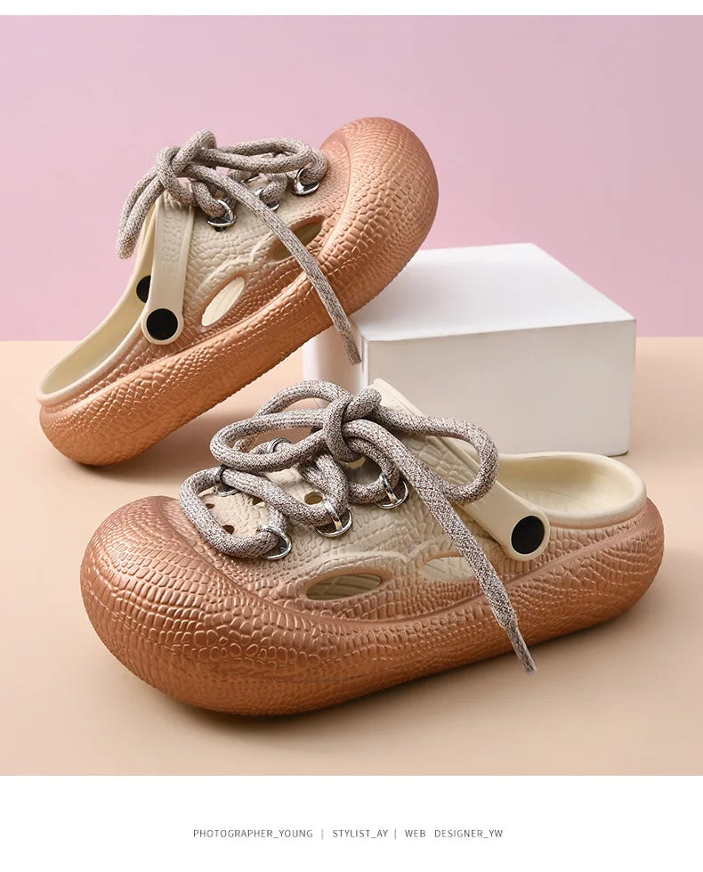 Plus Size Summer Platform Sandals For Women Men Home Street Garden Shoes Lace-up Style Silver Gold Clogs Couples Beach Slippers