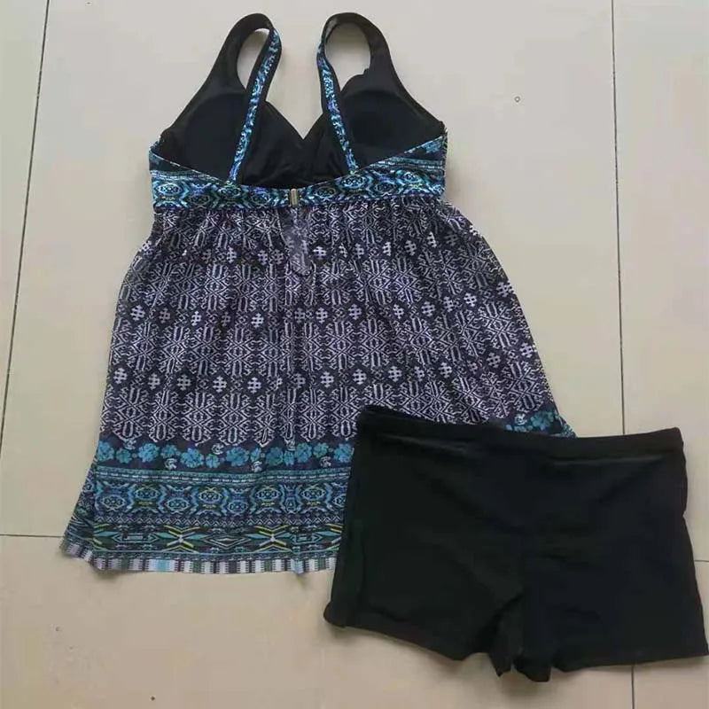 DEKA Plus Size Tankini Set Women Two Piece Bikini Swimdress Swimsuits Printed Push Up Retro Large Swimwear Swimming Suit