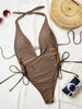 Sexy Coffee One Piece Swimsuit Women 2025 Deep V Neck Metal Chain Drawstring Side Swimwear Beach Bathing Suit Backless Monokini
