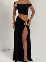 Summer Skirt Set Women Metal Flower Sexy Off Shoulder Slim Crop Top High Slit Skirt Sets Fashion Backless Pleated 2 Piece Suits