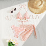 DEKA Pink Bikini Set Women Sexy 3-Piece Swimsuit Metal Chain Satin Female Swimwear New Fashion Korean Bathing Beachwear Holiday