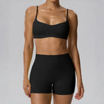 STOUREG Women 2 Piece Yoga Workout Set Adjustable Strap Twist Back Sports Bra Peach Hip Yoga Shorts Fitness Gym Outfit