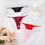 New Women Lace Trim Thong Panties Silver Ribbon Panel Low Rise Sexy G-string Breathable Stretch Skin Friendly Intimate Underwear