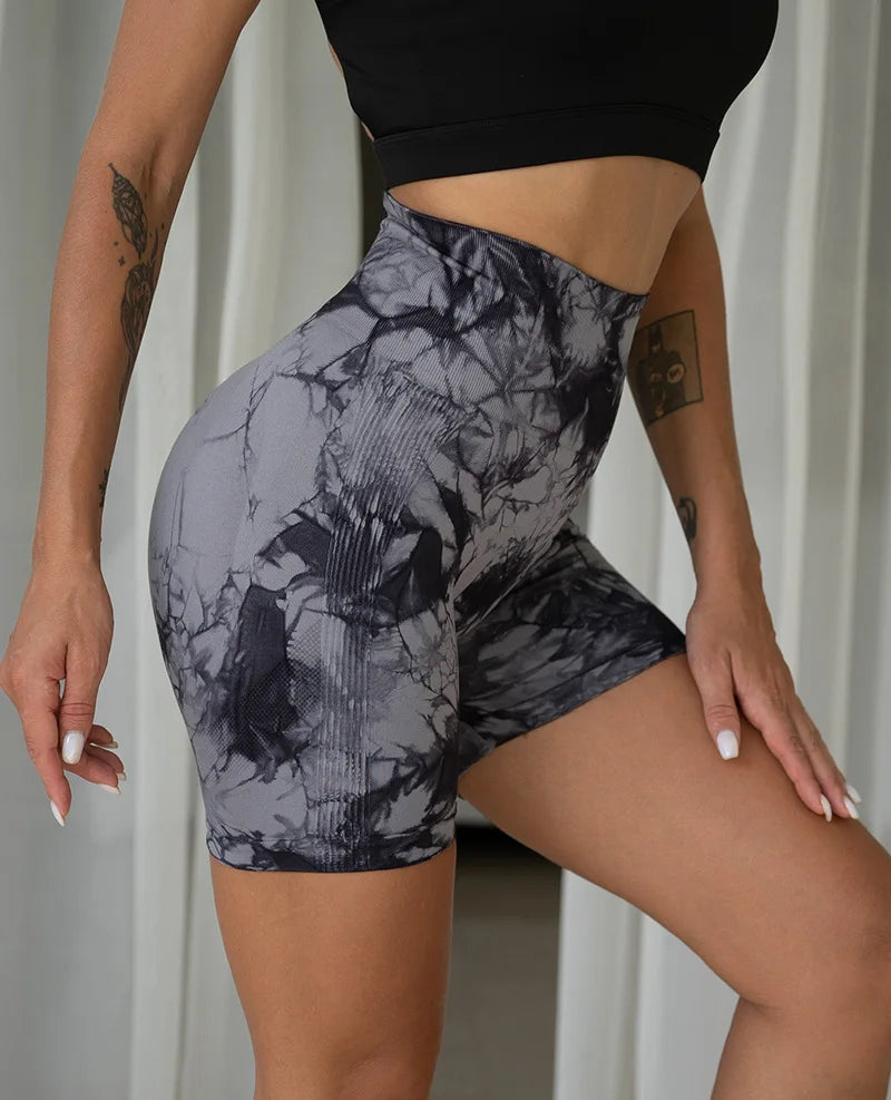 Tie Dye Yoga Shorts Marble Gym Shorts Women Push Up Sports Shorts Women Fitness Tights Breathable High Waist Booty Shorts