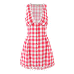 Foridol Plaid Printed Red Women's Dresses White Cotton V Neck Short Party Summer Dress New in Vintage Beach Mini Dress