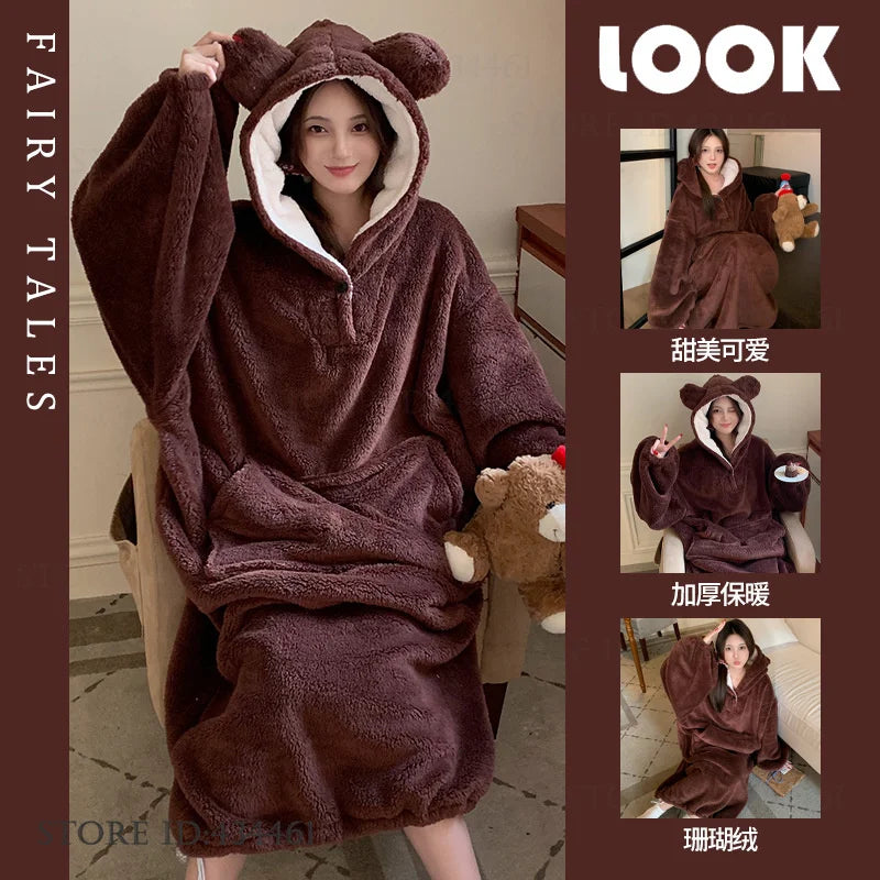 Thicken Flannel Cartoon Female Long Robe Hooded Nightgown Autumn Winter Sleepwear Home Clothes Loose Coral Fleece Warm Nightwear