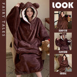 Thicken Flannel Cartoon Female Long Robe Hooded Nightgown Autumn Winter Sleepwear Home Clothes Loose Coral Fleece Warm Nightwear