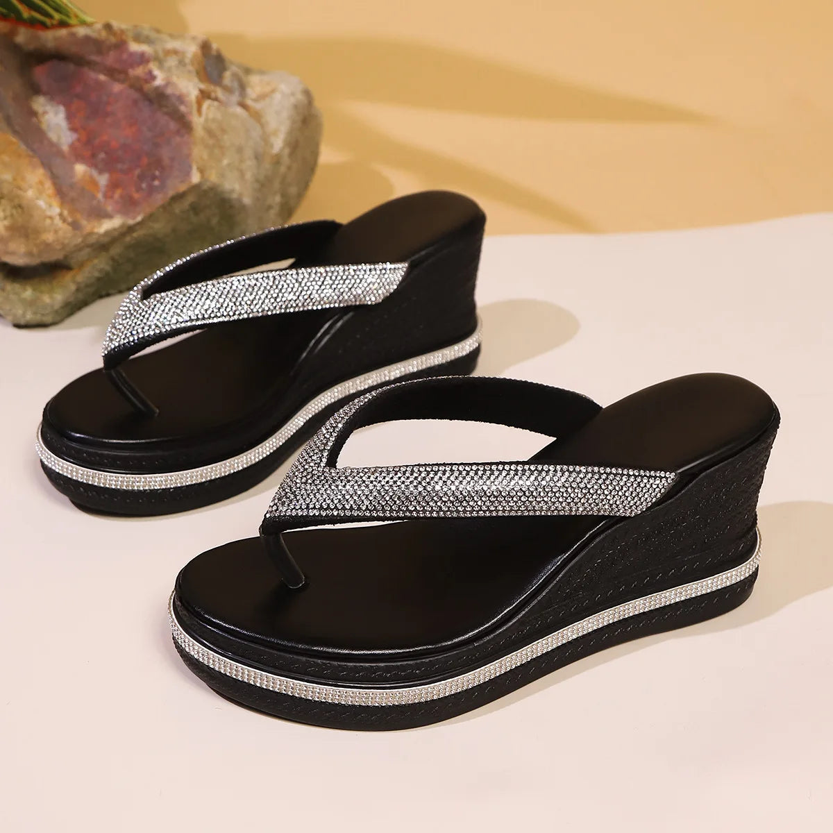 Women Wedges Flip Flops Summer Platform Shoes Indoor Street Bling Slippers Round Toe Mid-Heel Slip On Female Leisure Sandals
