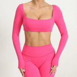Women Crop Tops Yoga T-shirts Solid Sports Top Long Sleeve Running Shirts Quick Dry Fitness Gym Sport Gymwear