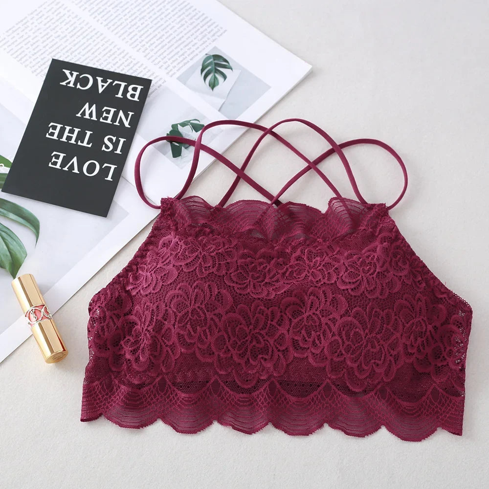 Lace Bra Tube Top Women Non-wire Bra Top Cross Straps Crop Top Beauty Back Underwear Floral Lace Bralette Sexy Lingerie