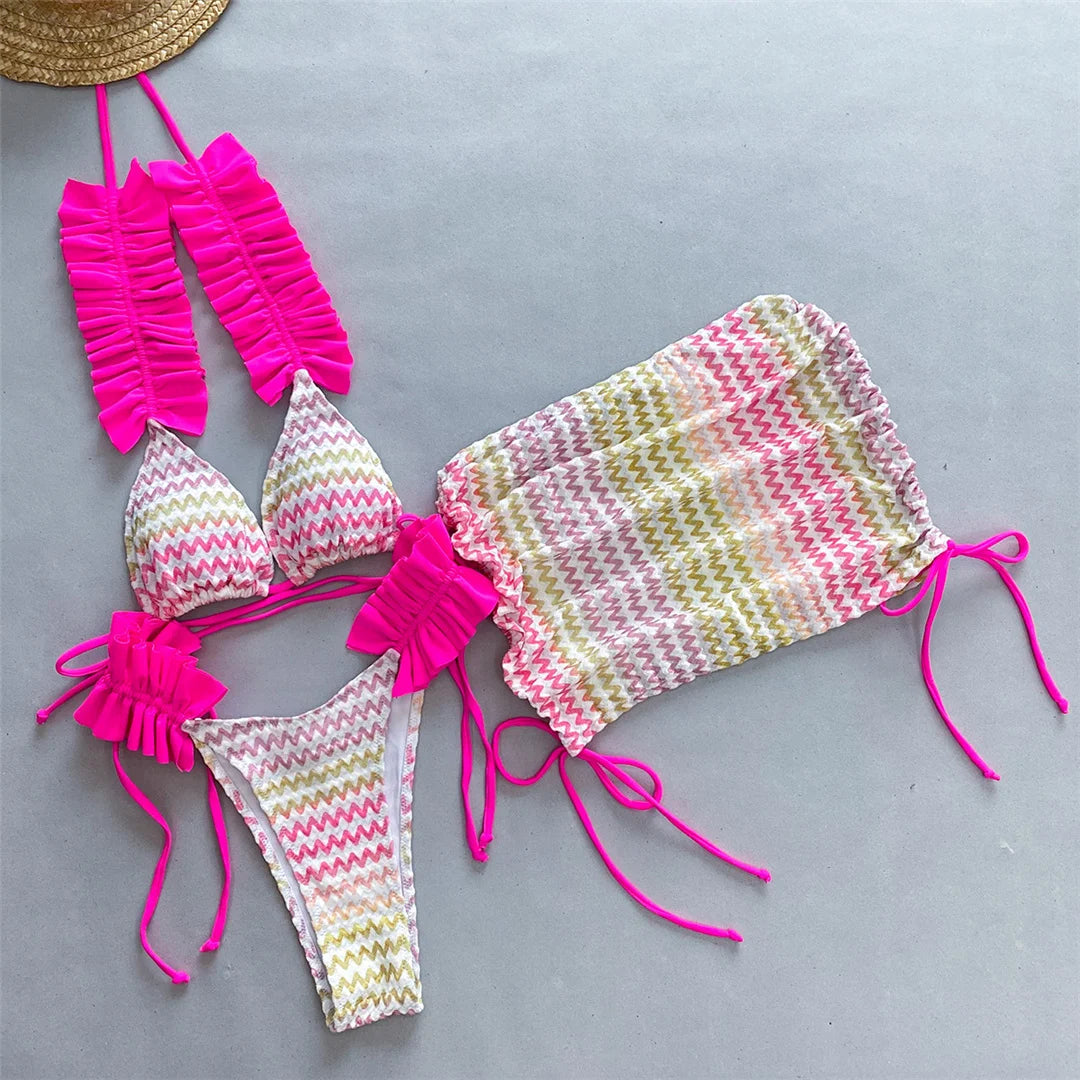 Blue Three-pieces Bikini set With Skirt Waved Ruffled Frilled Bikini Female Swimsuit Women Swimwear Bather Bathing Suit V5235C
