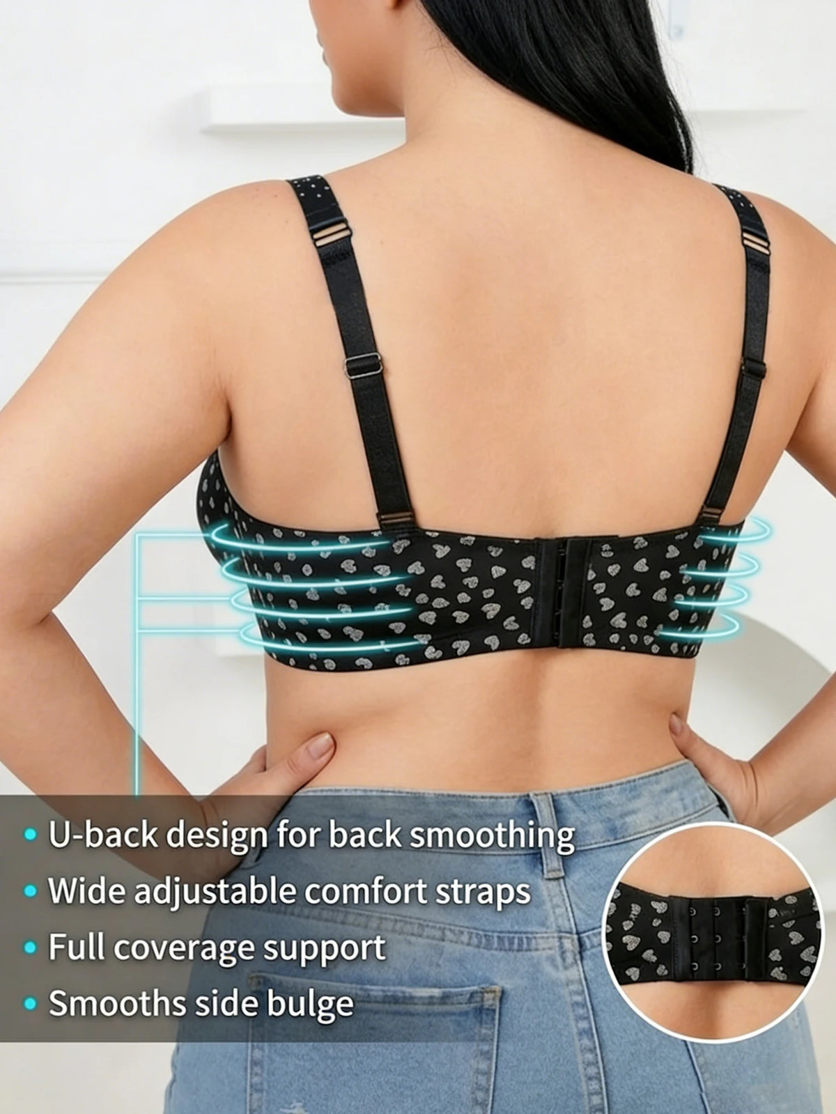 Women's Plus Size Push Up Bra Rhinestone Wide Shoulder Strap Underwear Comfortable Side-Breast-Enhancing Underwire Bra
