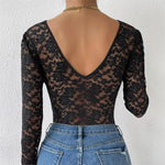 Sexy White Lace Bodysuit Women Solid Color Long Sleeve Sheer Corset Top Autumn Ruffles V Neck See Thourgh Slim Fit Jumpsuit