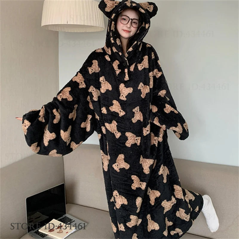 Thicken Flannel Cartoon Female Long Robe Hooded Nightgown Autumn Winter Sleepwear Home Clothes Loose Coral Fleece Warm Nightwear