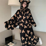 Thicken Flannel Cartoon Female Long Robe Hooded Nightgown Autumn Winter Sleepwear Home Clothes Loose Coral Fleece Warm Nightwear