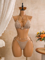 Sexy Mesh Cover Up 3 Piece Bikini Set 2026 Women White Metal Circle Push Up Bra Thong Swimwear Holiday Bathing Suit Swimsuit