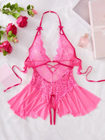Bodycon Teddy Dress Crotchless Sheer Underwear Set Lace See Through Halter Deep V Sexy Lingerie Sultry Nightwear For Date Night