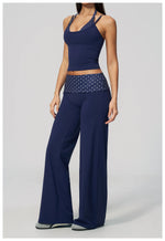 Women's 2 Piece Yoga Set Halter Neck Crop Top Fold Over Waist Wide Legged Flare Trousers Polka Dot Striped Gym Workout Running
