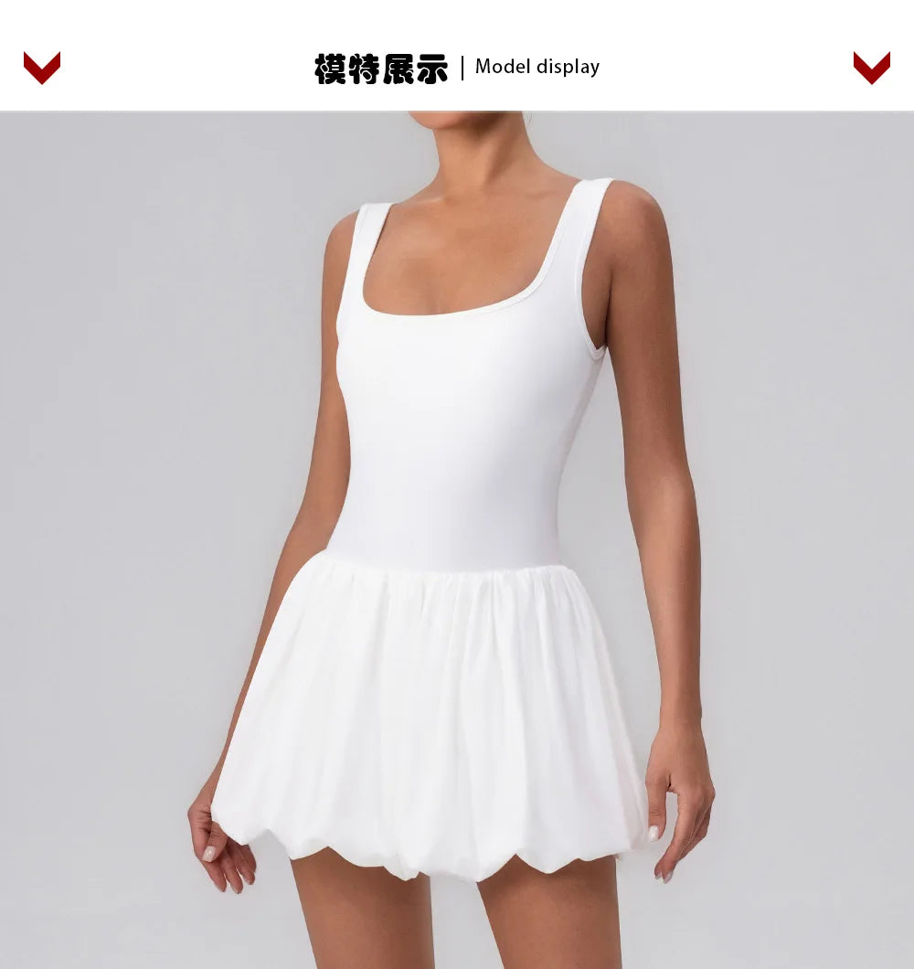 Summer One-piece Tennis Dress Women Fitness Fake Two-piece with Inner Separate Shorts Pockets Sleevesless Sports Pleated Skirt