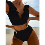 Solid Color Sexy V-neck Ruffle Bikini 2026 Women 2 Piece Swimwear Push Up Padded High Waist Swimsuit Summer Beach Bathing Suit