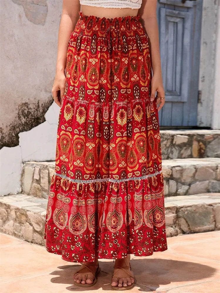Women's Loose Long Skirt Bohemian Print Elastic Waist Ruffle Flowy Pleated Skirts Summer Beach Party Streetwear