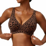 Women's Seamless Pink Leopard Print Bra Wire-Free Bra Full Cup Soft Thin Mold Support Breathable and Beauty Deep V Plus Up Bra